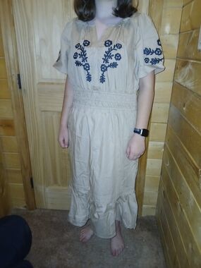 French Connection Beige Midi Dress with Back Embroidery